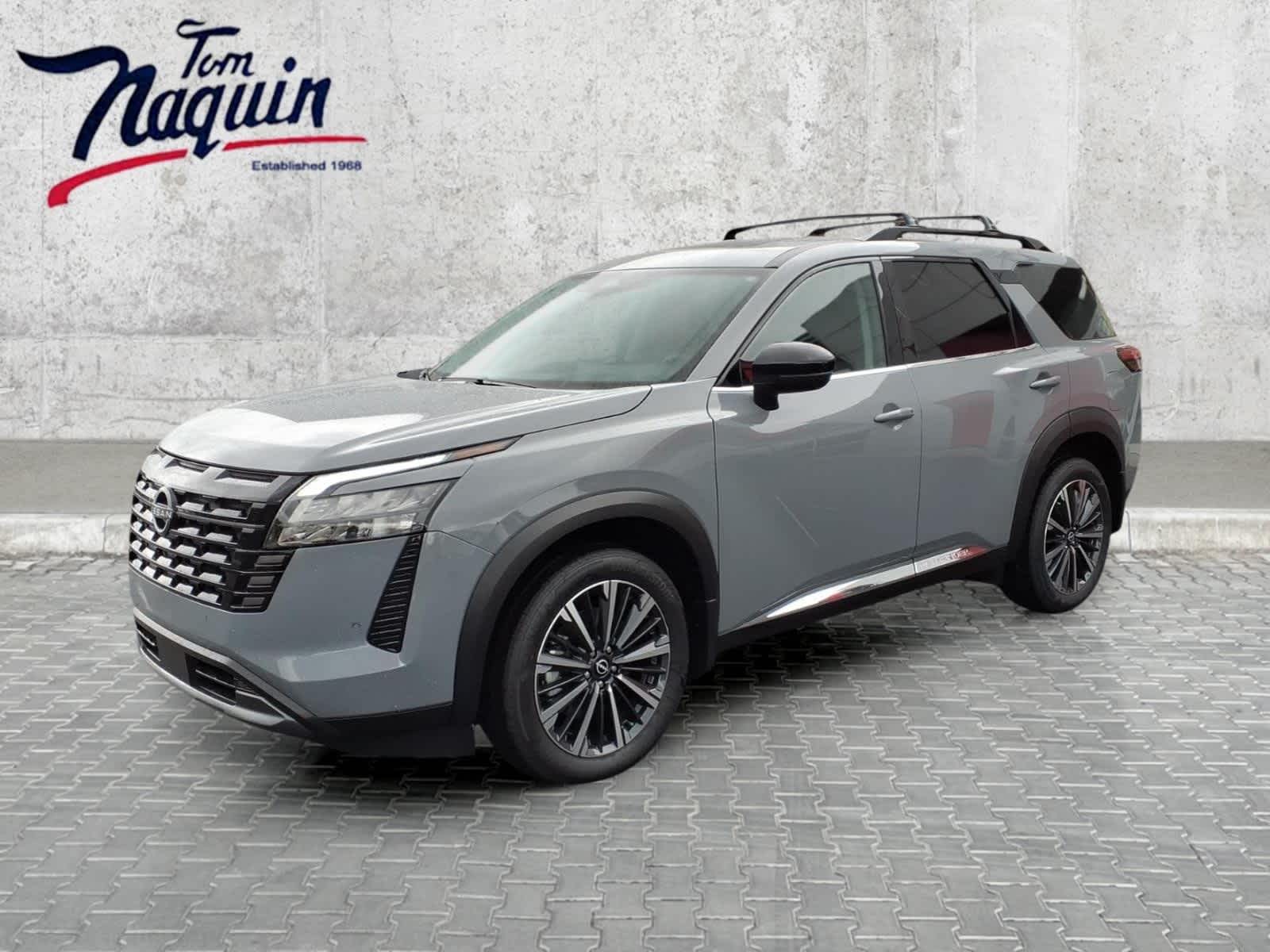 2026 Nissan Pathfinder Platinum in Boulder Gray Pearl — front three-quarter view